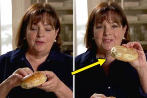 Ina Garten holding up a sliced bagel and looking at the camera