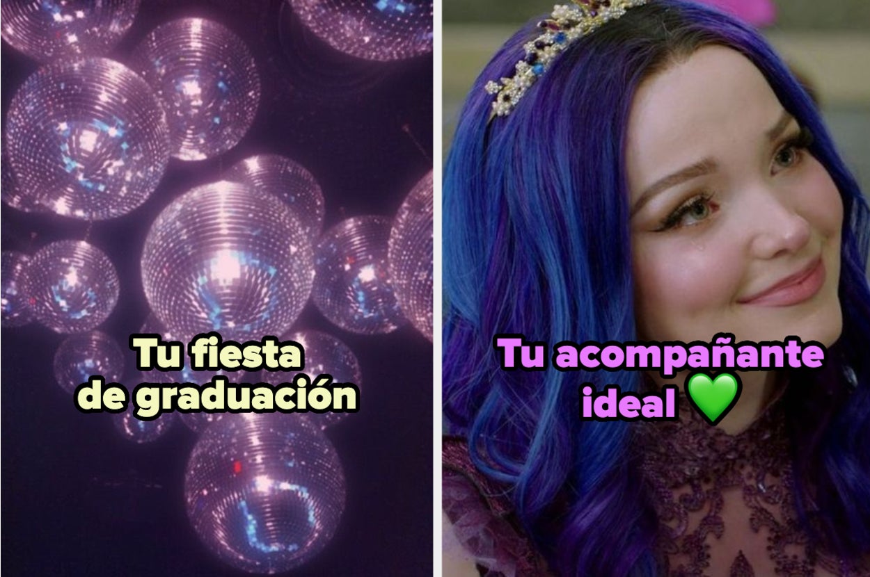 Montaje de dos imágenes, a la izquierda bolas de discoteca y a la derecha personaje de "Descendientes" Mal sonriendo