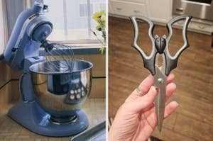 A KitchenAid stand mixer and a hand holding unique scissors shaped like a bat with ergonomic handles and gripping teeth