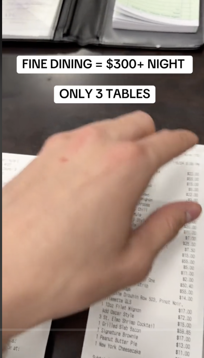 Hand over a receipt, highlighting high cost of dining, with text "FINE DINING = $300+ NIGHT ONLY 3 TABLES"
