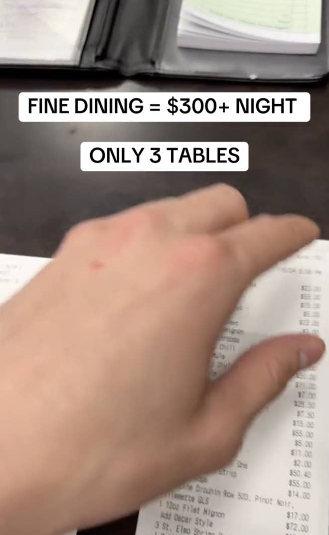 Hand over a receipt, highlighting high cost of dining, with text &quot;FINE DINING = $300+ NIGHT ONLY 3 TABLES&quot;