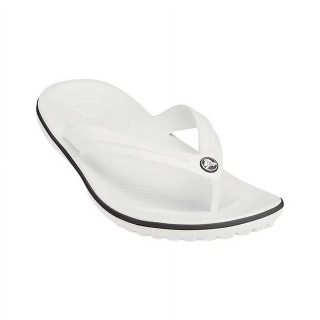 White flip-flop with a rounded toe post and a logo on the strap
