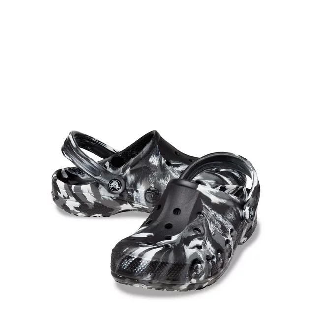 A pair of camo-patterned Crocs on a white background, available for purchase