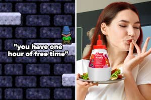 A meme split in two parts: Left shows a pixelated image of a gnome, right shows a woman tasting glue with salad on a plate