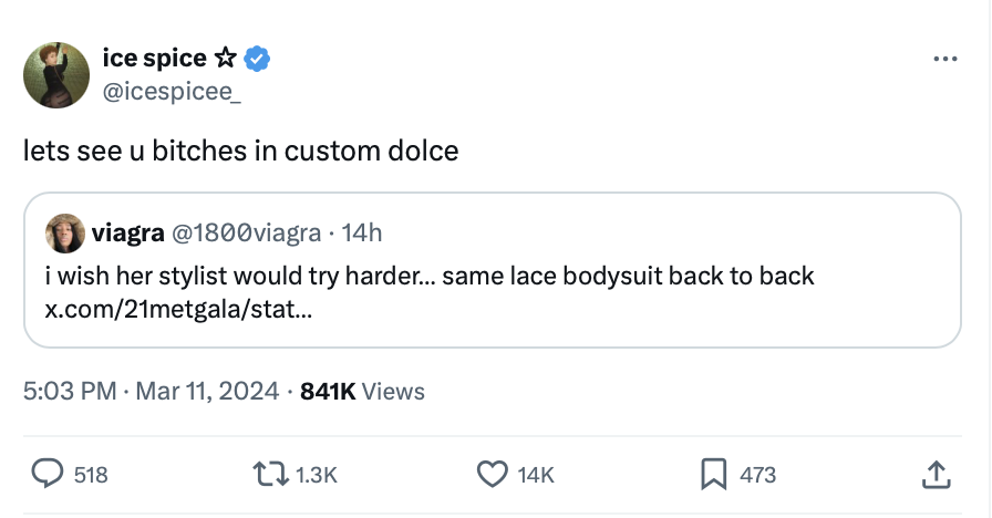 Tweet from ice spice featuring a quoted tweet about seeing individuals in custom Dolce attire, includes praise for a stylist&#x27;s work