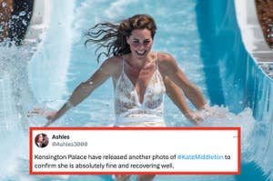 Woman laughing while sliding into a pool, used in an article about Kate Middleton's wellbeing
