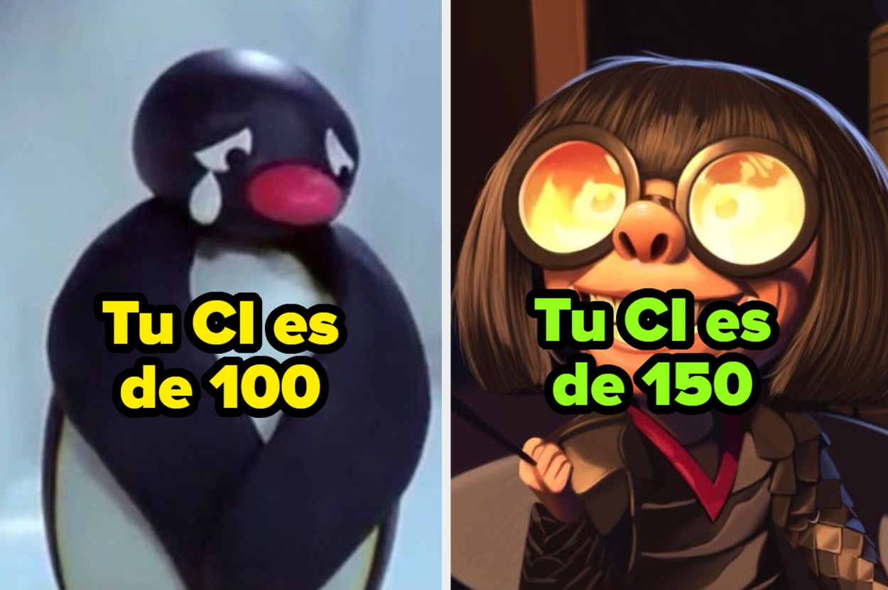 Imagen dividida: izquierda, pingüino triste; derecha, personaje con lentes mostrando aprobación. Texto: Comparación de CI bajo y alto