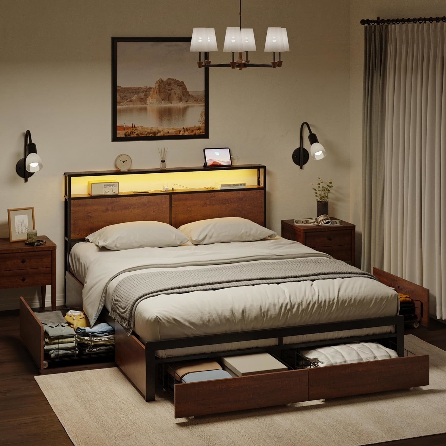 A modern bedroom with a neatly made bed, nightstands, and a pull-out bed drawer