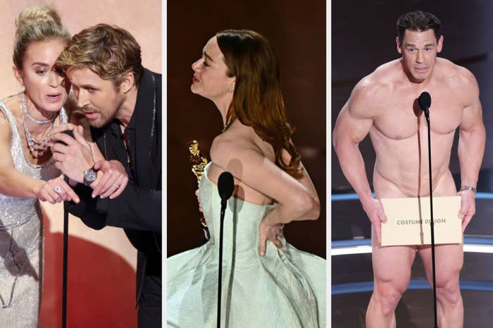 Three TV/movie scenes: two actors singing into a microphone, a woman holding an award, a shirtless man covered by a sign