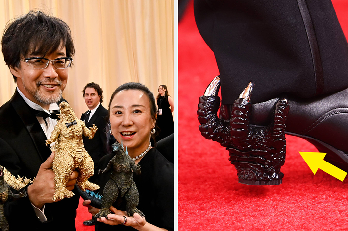 レッドカーペットで男性が恐竜の人形を持ち、女性が隣にいる。もう一枚の写真は変わった形の靴を履いた足。
