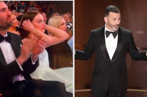 Emma Stone fixing her hair vs Jimmy Kimmel hosting the Oscars