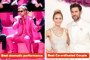 Two side-by-side images: Left shows Elton John in a pink suit performing. Right depicts a couple in formal attire at an event