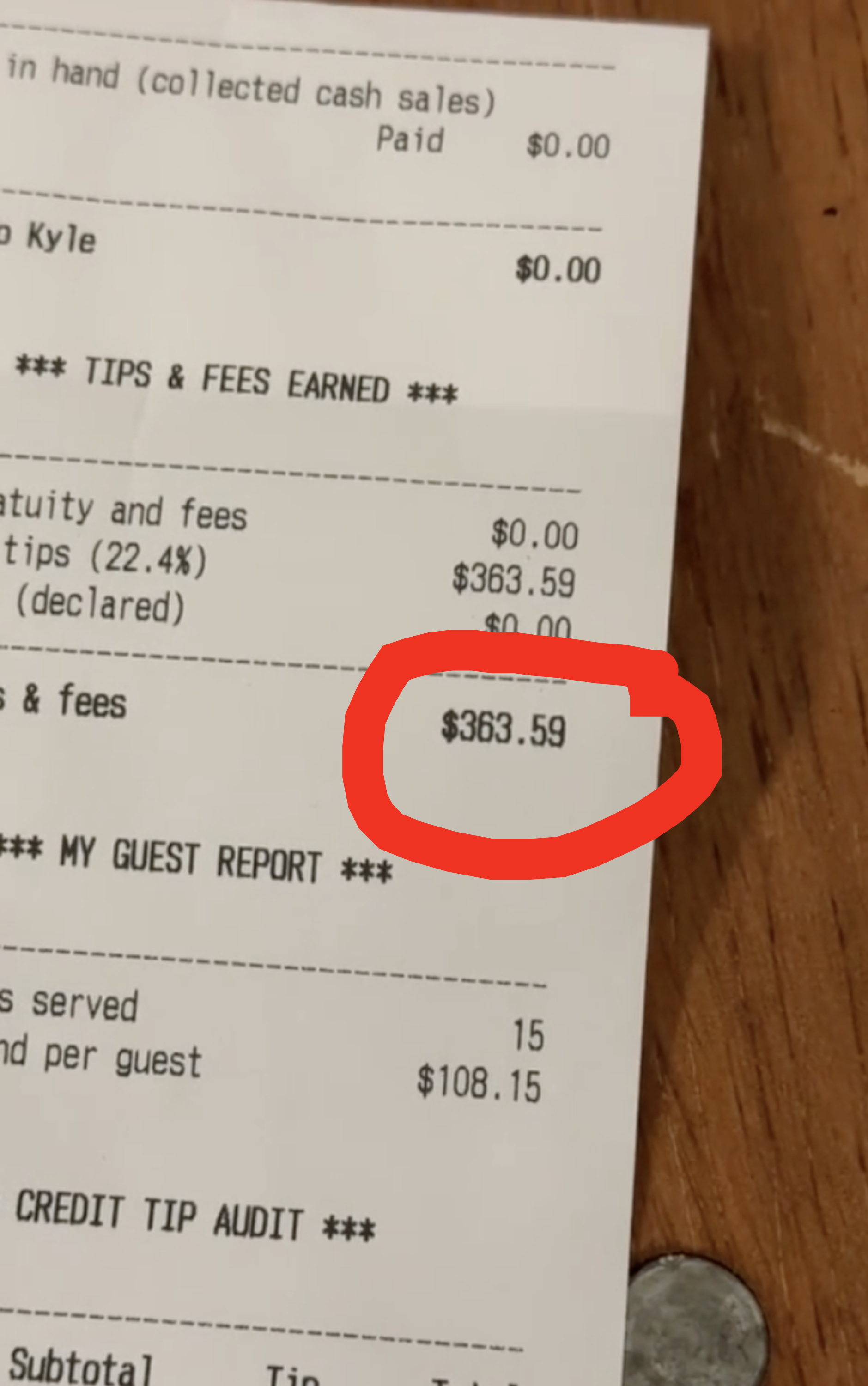 Receipt showing a total of $60.50 with a section titled &quot;TIPS &amp;amp; FEES EARNED&quot; displaying zero dollars earned