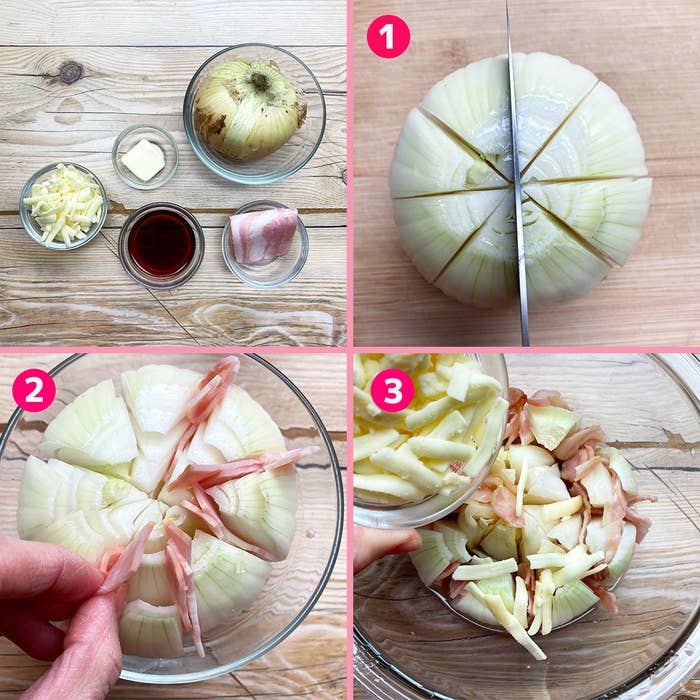 玉ねぎと調味料、切り方を示す工程写真4枚が含まれる料理レシピのイメージです。