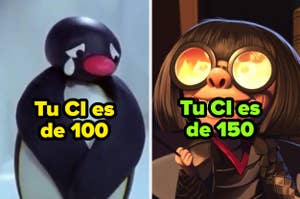 Imagen dividida: izquierda, pingüino triste; derecha, personaje con lentes mostrando aprobación. Texto: Comparación de CI bajo y alto