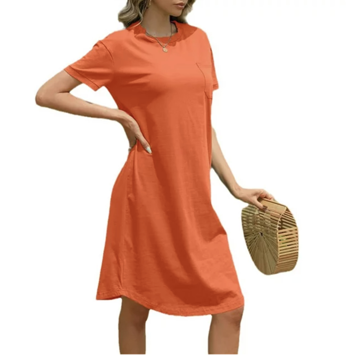 Model wearing orange T-shirt dress