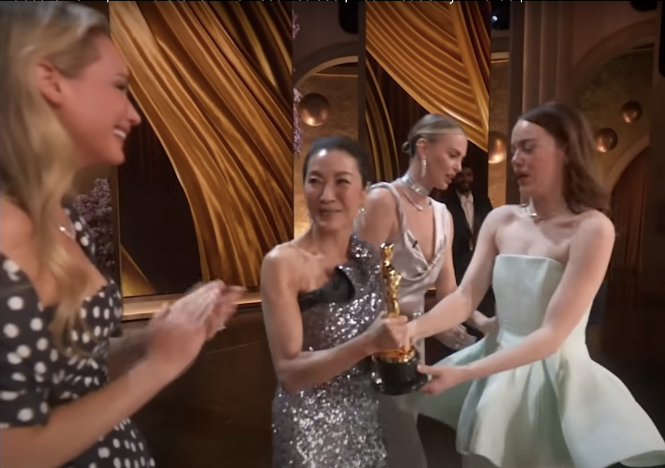 Jennifer Lawrence, Michelle Yeoh, Emma Stone on stage at the Oscars