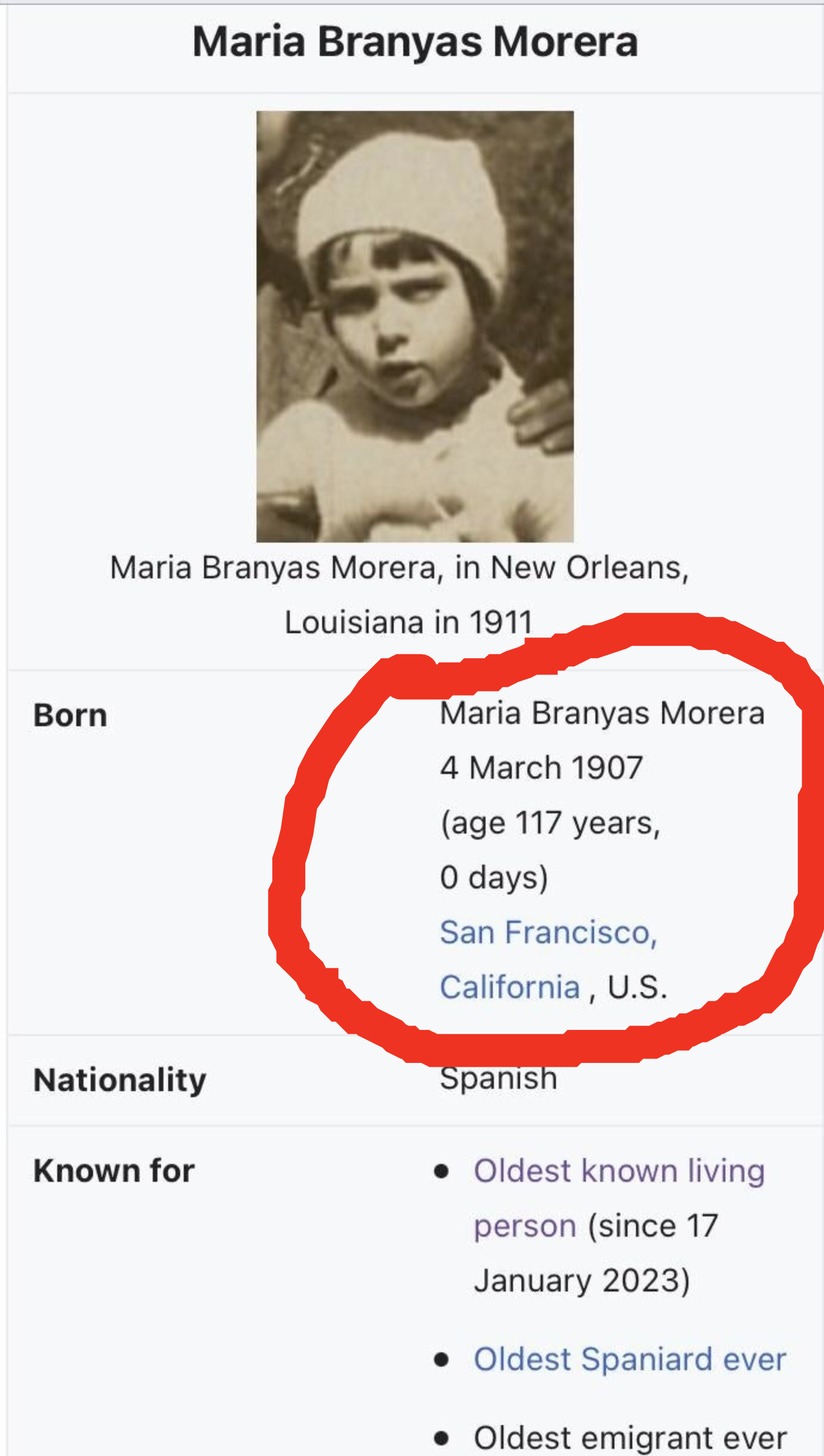 Maria Branyas Morena&#x27;s Wikipedia page section with photo and facts including birth date, March 4, 1907, and nationality, Spanish