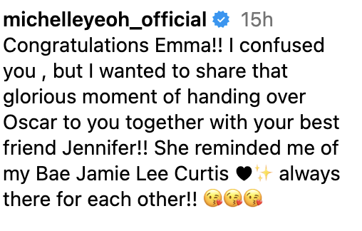 Instagram post by Michelle Yeoh congratulating Emma, with mention of Jennifer, Jamie Lee Curtis, and a show of support with heart and star emojis
