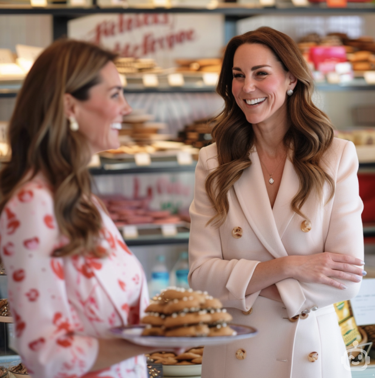 Two women smiling, one holding a plate of cookies, both wearing elegant dresses, in a bakery setting