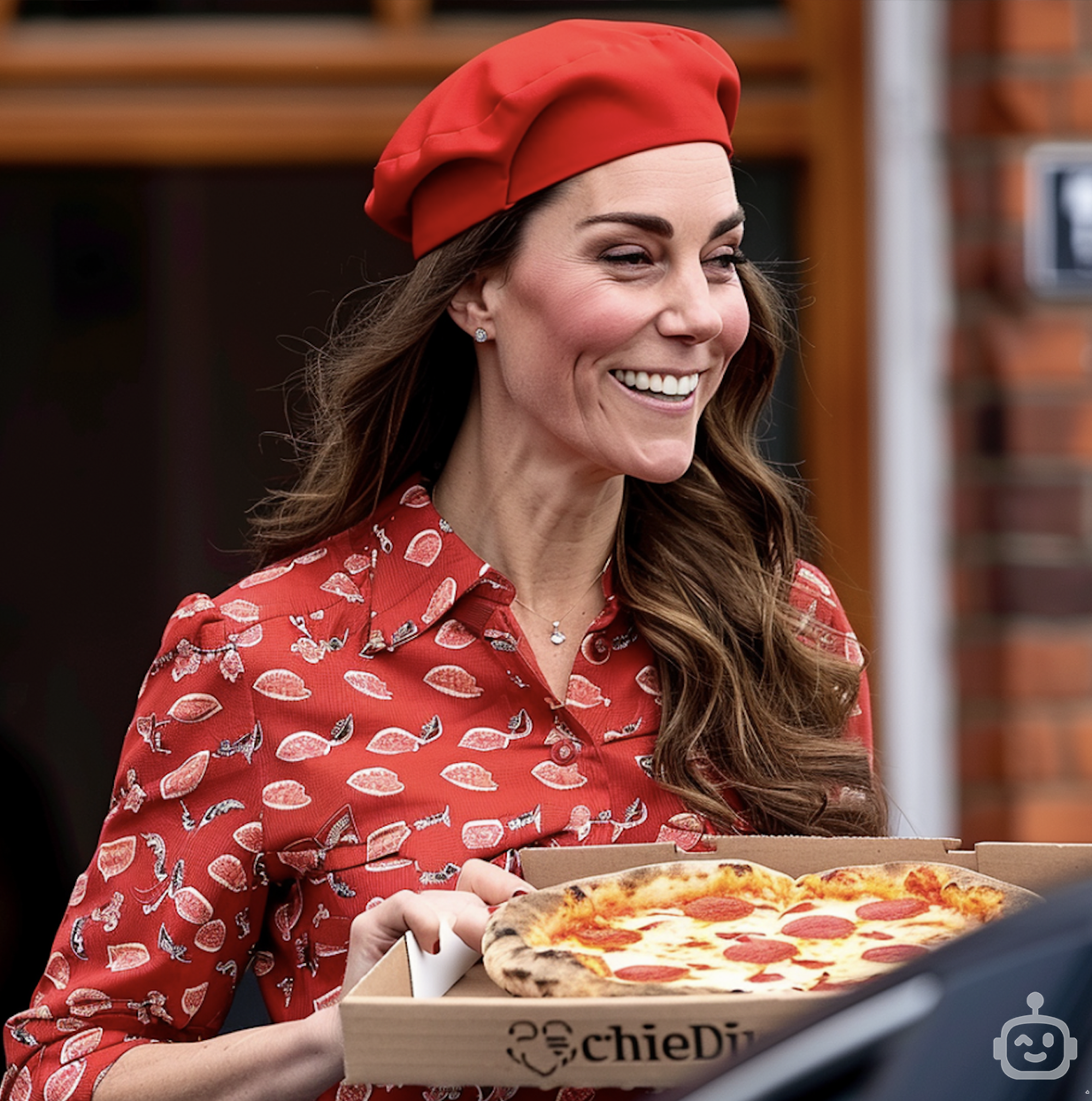 Woman in a red beret and patterned blouse smiles while holding a pizza box