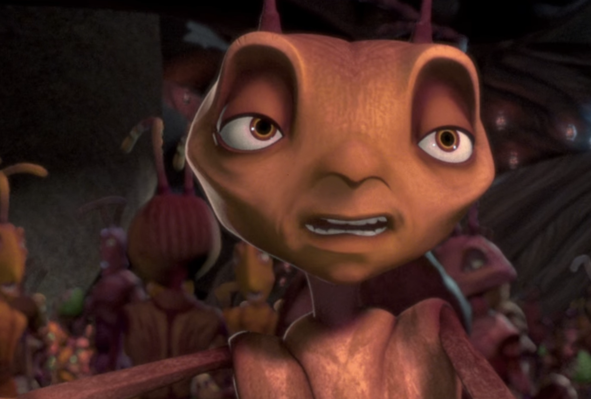 Animated character Z from the movie &quot;Antz&quot; with a surprised expression, surrounded by other ants