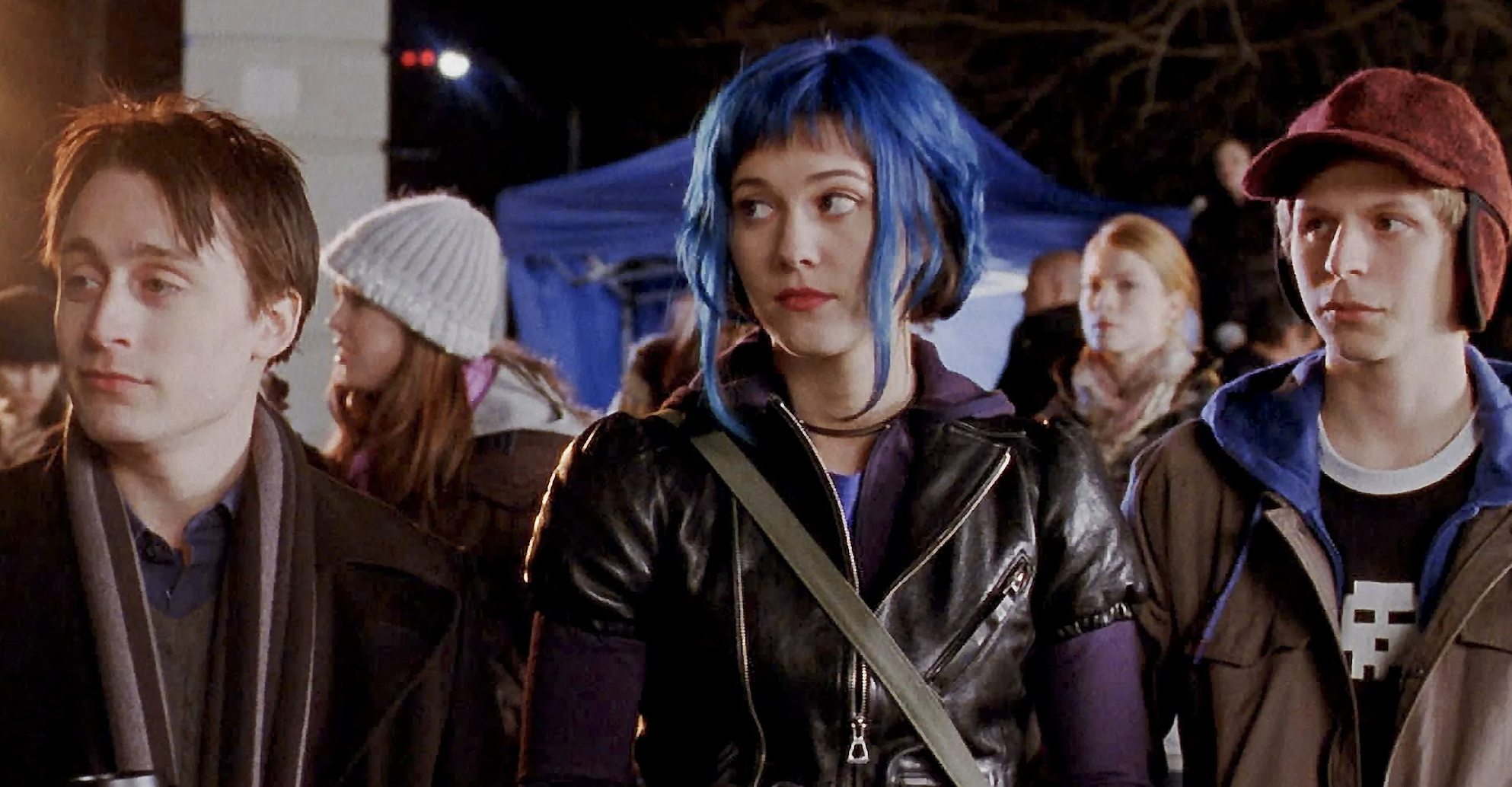 Three characters from the film &quot;Scott Pilgrim vs. the World&quot; standing together, middle character with blue hair