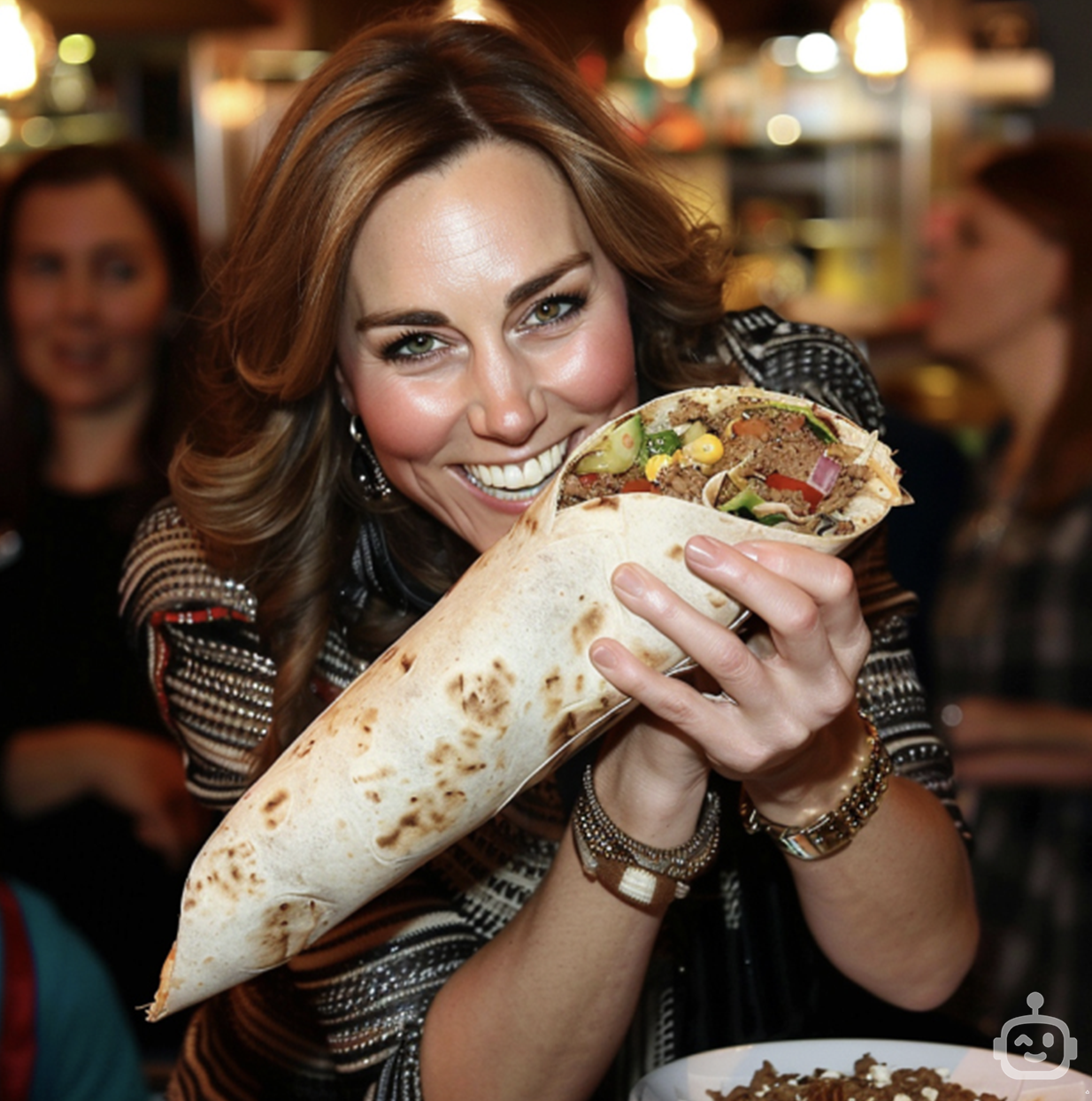 Person smiling at camera holding a large, stuffed wrap near their face
