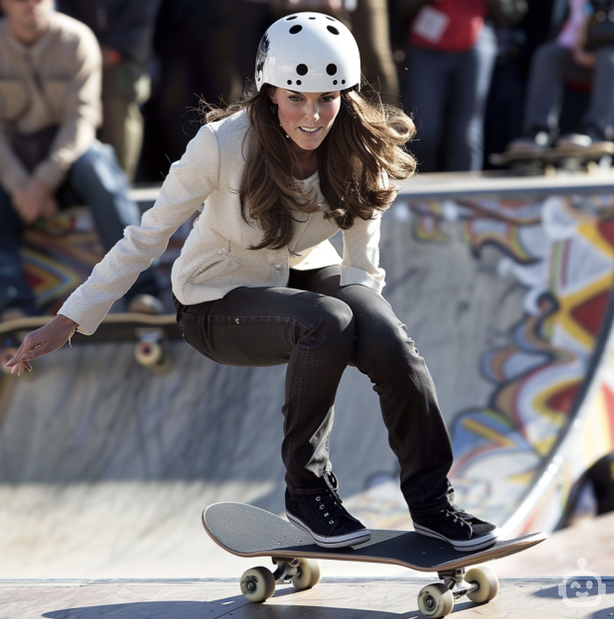 Woman skateboarding at an event, wearing casual sweater and pants with a helmet for safety