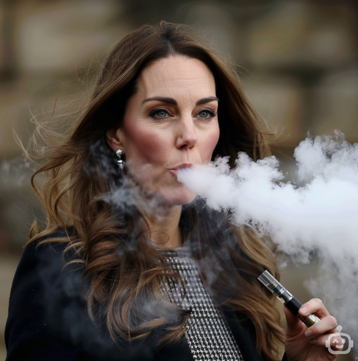 Woman exhales vapor from an e-cigarette, wearing checked dress, feather earrings