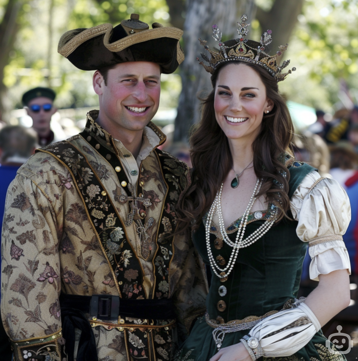 Two individuals in historical royal attire with crowns, smiling at an outdoor event