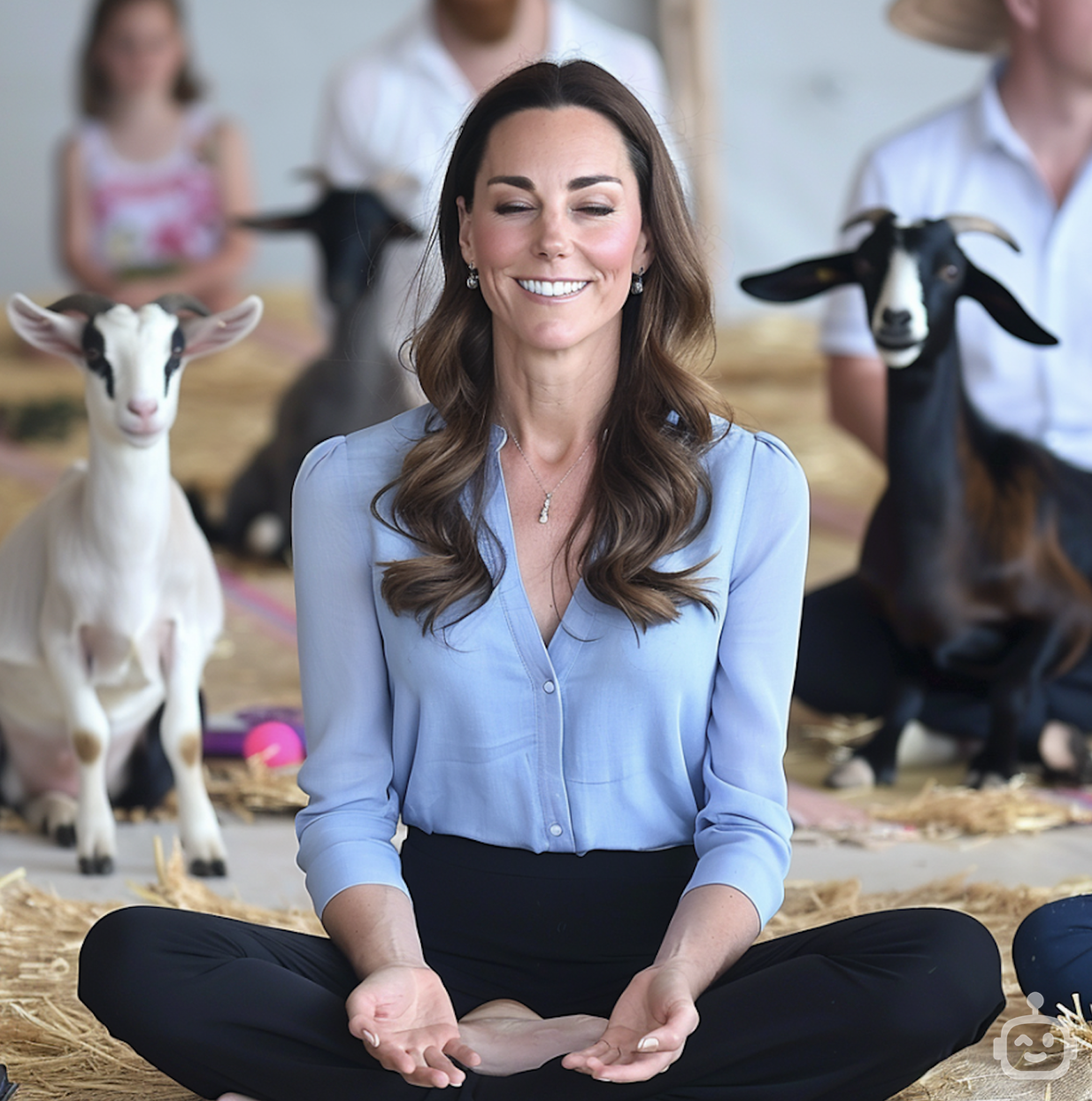 Kate Middleton in a relaxed pose seated with legs crossed, surrounded by goats at an event