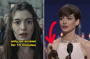 Split image: Left, character Anne Hathaway as Fantine; Right, Anne Hathaway holding an Oscar, wearing a pink dress with a necklace