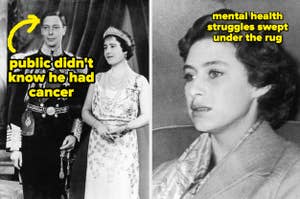 Vintage photo of a man and woman in formal attire; a portrait of a woman; text overlay about health issues