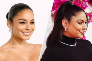 Vanessa Hudgens at an event, smiling with hair pulled back. Profile view in elegant black attire with diamond earrings