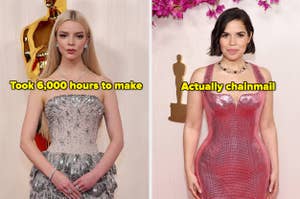 Two celebrities on red carpet; left in a sparkling dress, right in a metallic dress, both with descriptive captions
