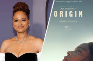 Ava DuVernay smiling, black strapless top, diamond necklace. Poster for 'Origin' with silhouette of Aunjanue Ellis