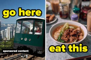 Two-part image: Left shows a tram ascending a hill with a cityscape view; right displays a bowl of Asian cuisine. Text: "go here eat this"
