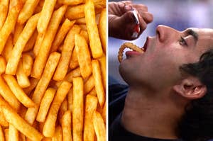 Split image: Left side shows close-up of French fries. Right side depicts a man eating