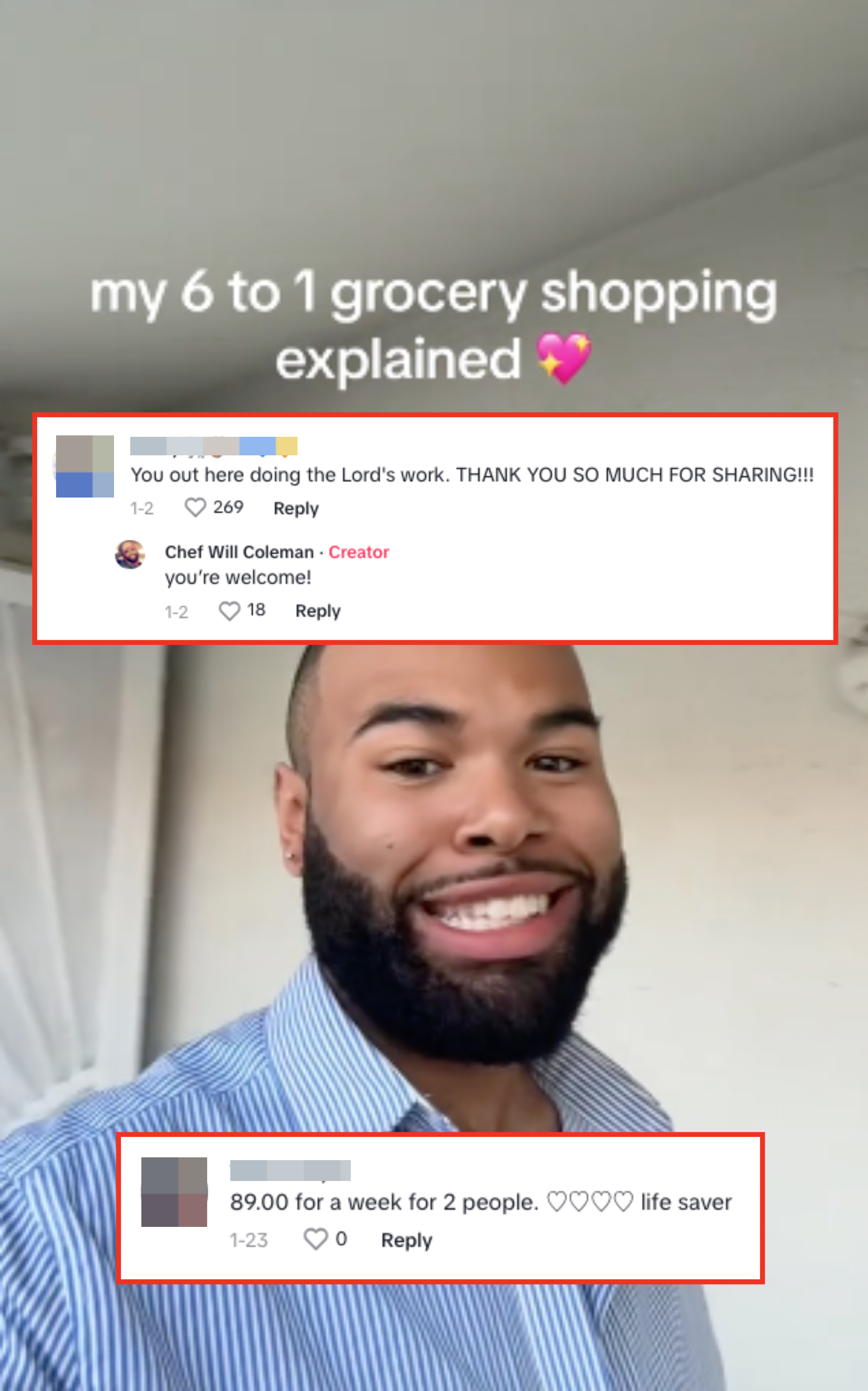 Person smiling, with text &quot;my 6 to 1 grocery shopping explained&quot; above