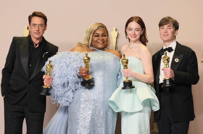 Robert Downey Jr., Da&#x27;Vine Joy Randolph, Emma Stone, and Cillian Murphy pose with their Oscars