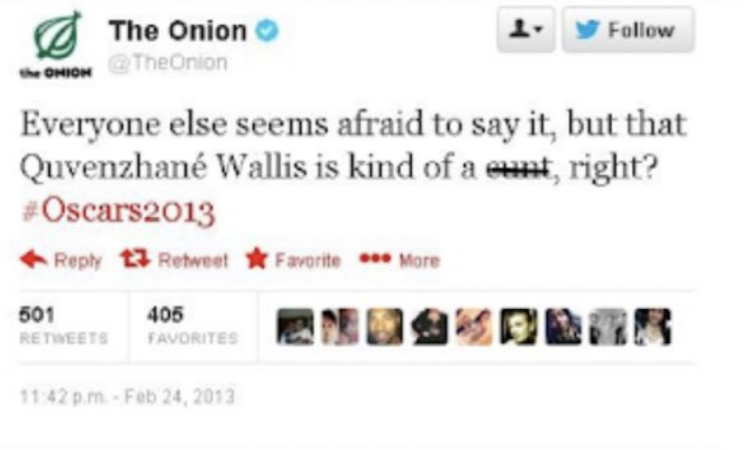 A tweet from The Onion with offensive language directed at Quvenzhané Wallis during Oscars 2013