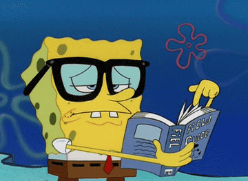 SpongeBob SquarePants wearing glasses, reading a book with a puzzled expression