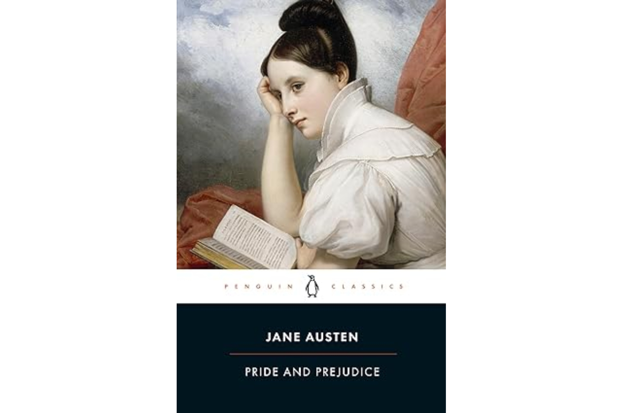 Cover of &#x27;Pride and Prejudice&#x27; by Jane Austen with classic artwork of a woman reading