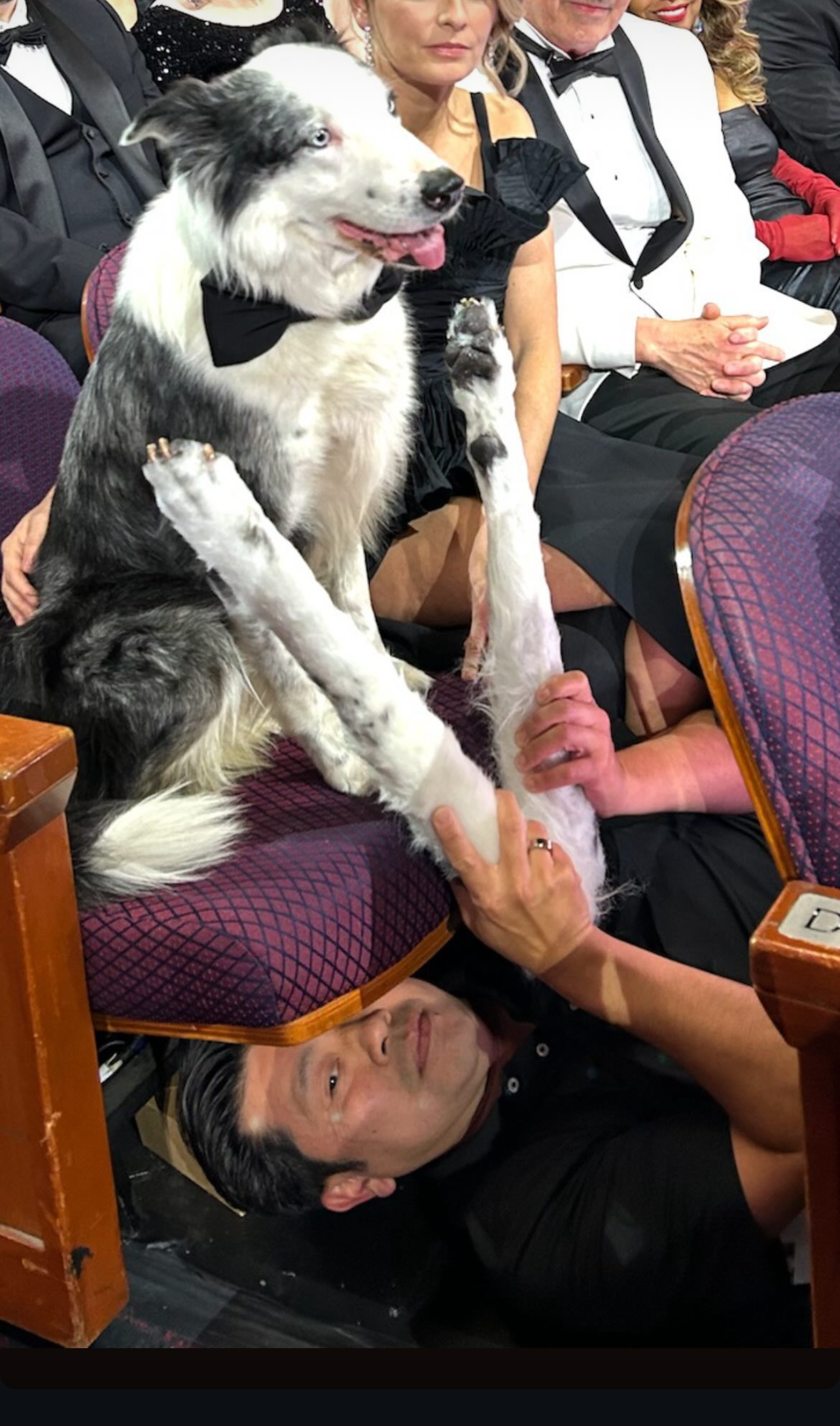 the prop assistant on the floor holding up fake paws next to messi