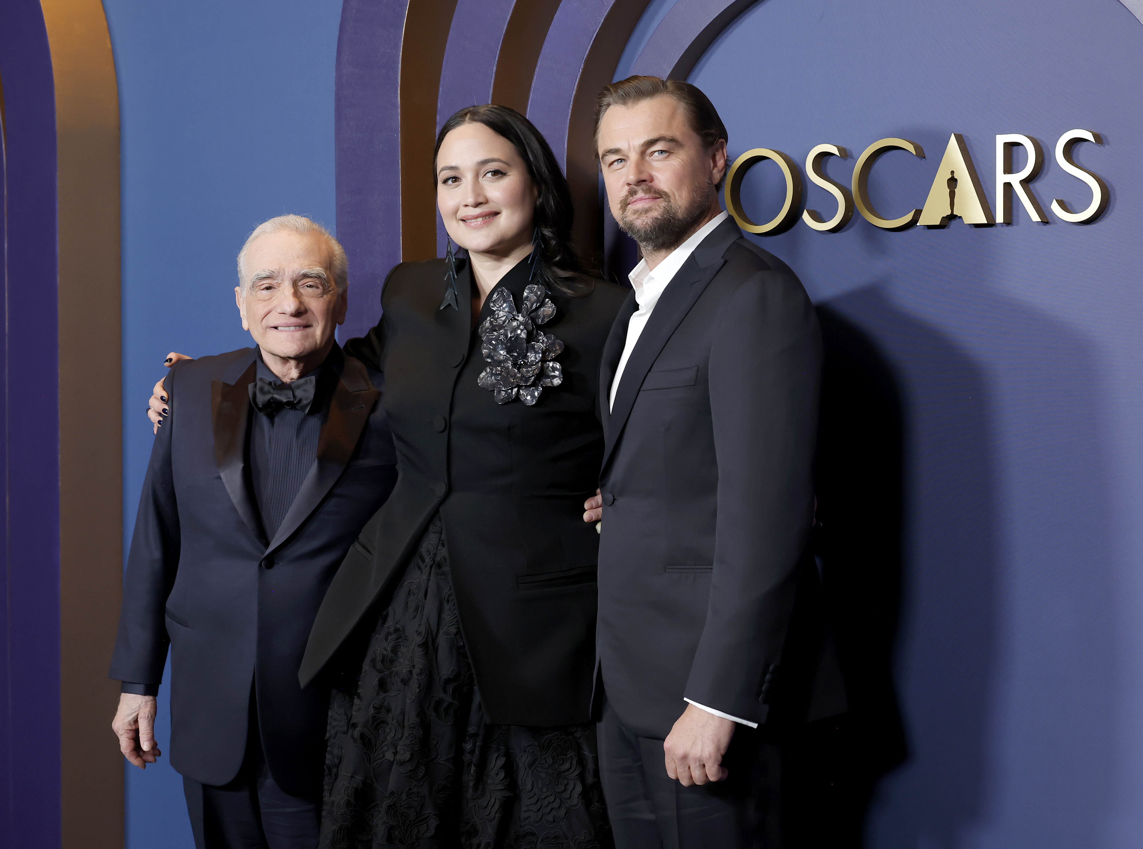Martin Scorsese, Lily Gladstone, and Leonardo DiCaprio