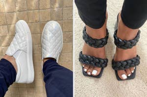 Two different styles of shoes: quilted sneakers and chunky braided sandals