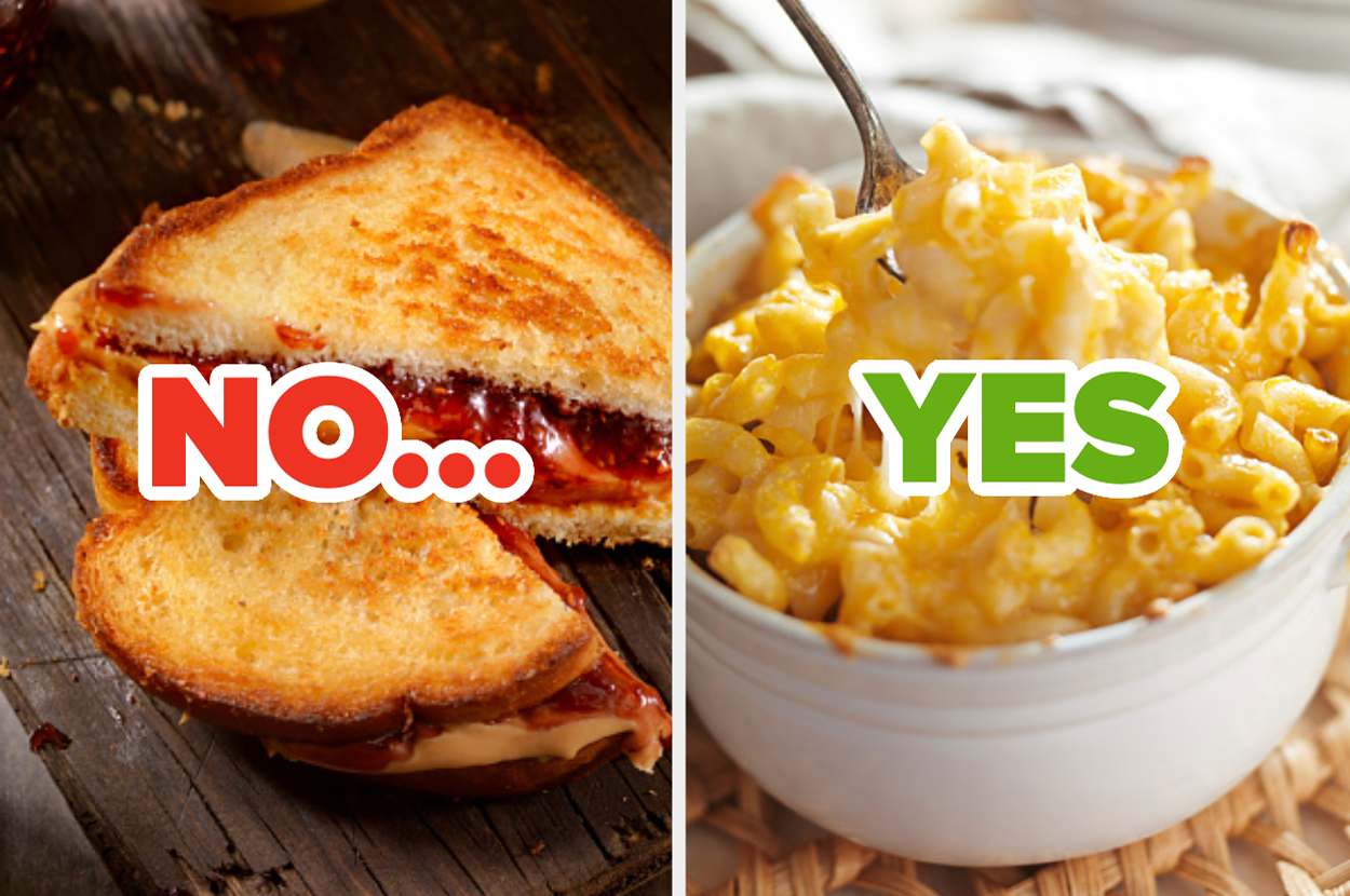 "Image split in two: Left side shows a grilled cheese sandwich, right side a bowl of mac and cheese, with 'NO...' over sandwich, 'YES' over bowl."