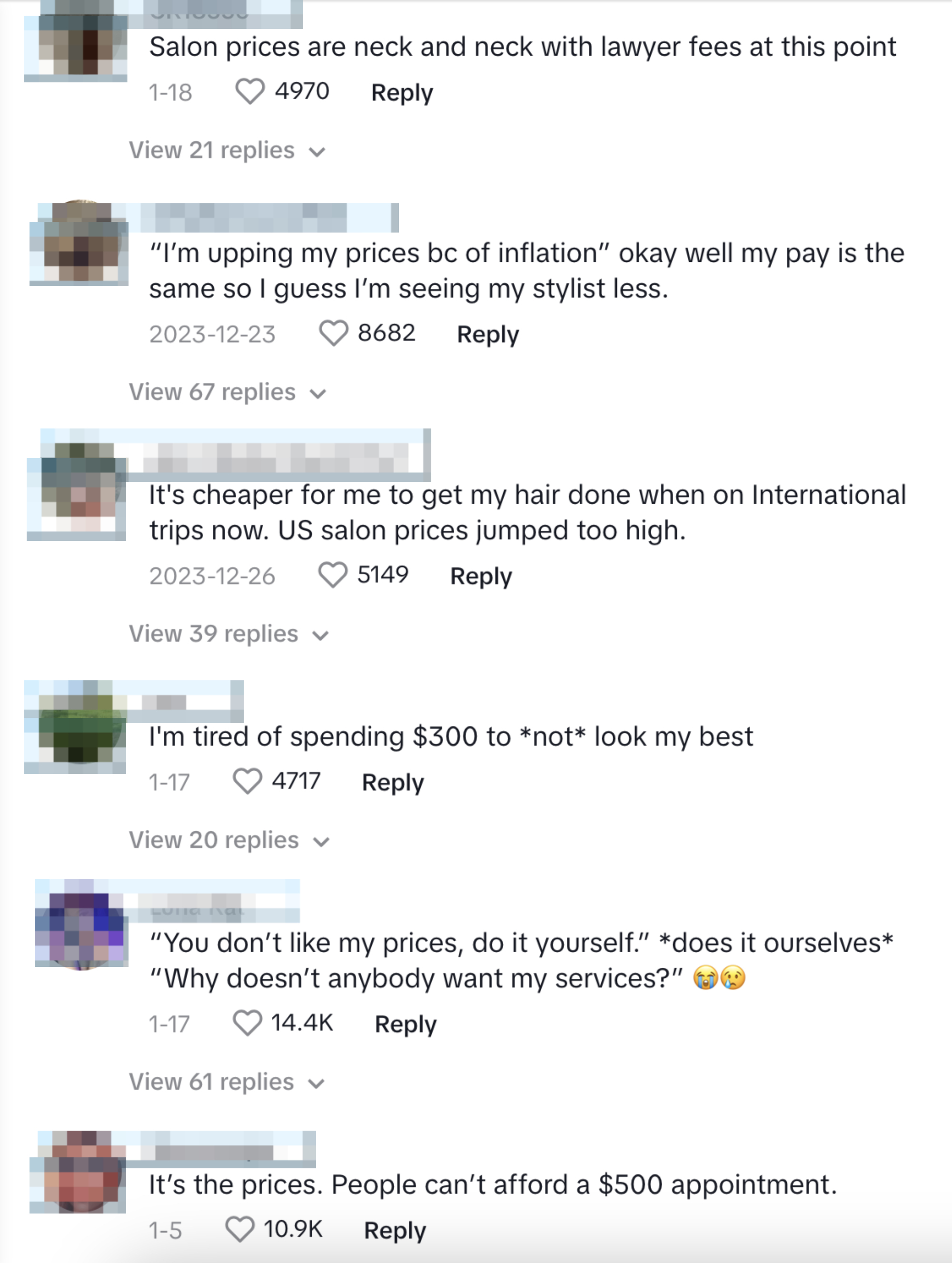 Comment section of a social media post with various users discussing salon prices, personal styles, and making humorous remarks
