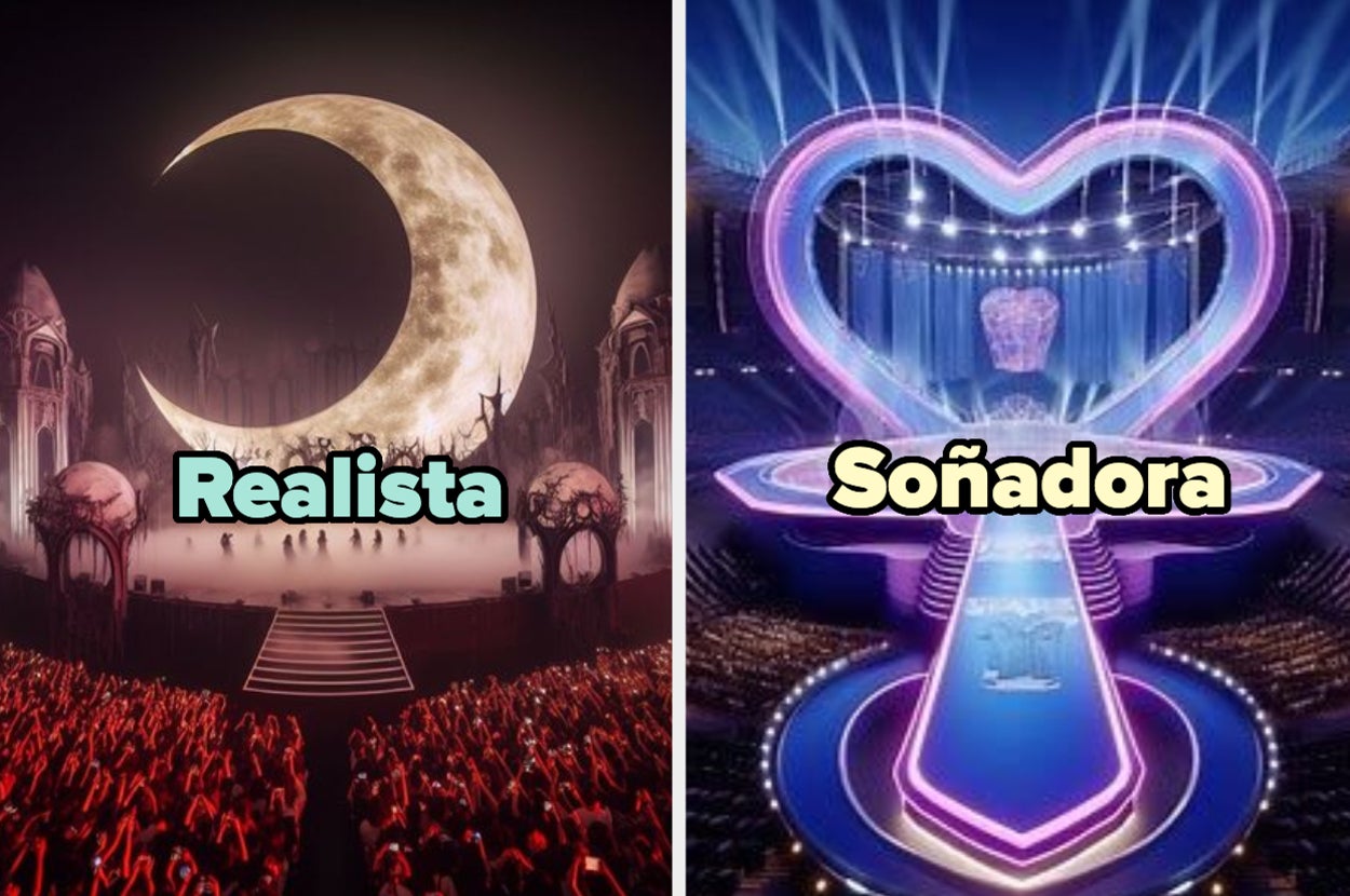 Comparación de dos escenarios de concierto, uno con luna creciente y otro con corazón y luces